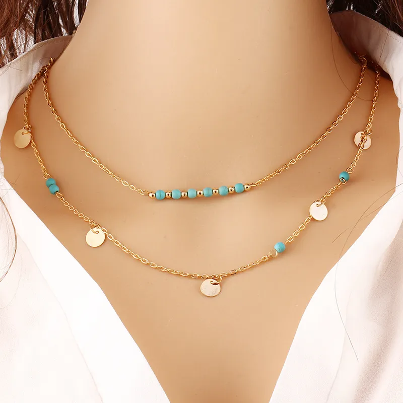 Women Bohemian Ethnic Style Turquoise Beads Pendant Necklace Clavicle Chain Sequin Double-layer Necklace Fashion Jewelry