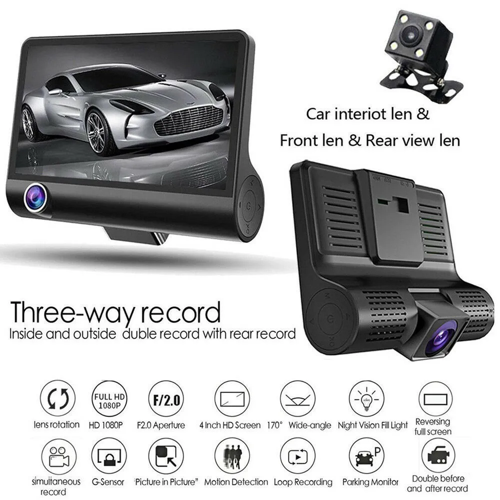 Caméras de Tableau de Bord pour Voitures Avant et arrière, Double Objectif  HD 1080P 4. 3 en Voiture DVR rétroviseur caméra Dash Cam enregistreur vidéo