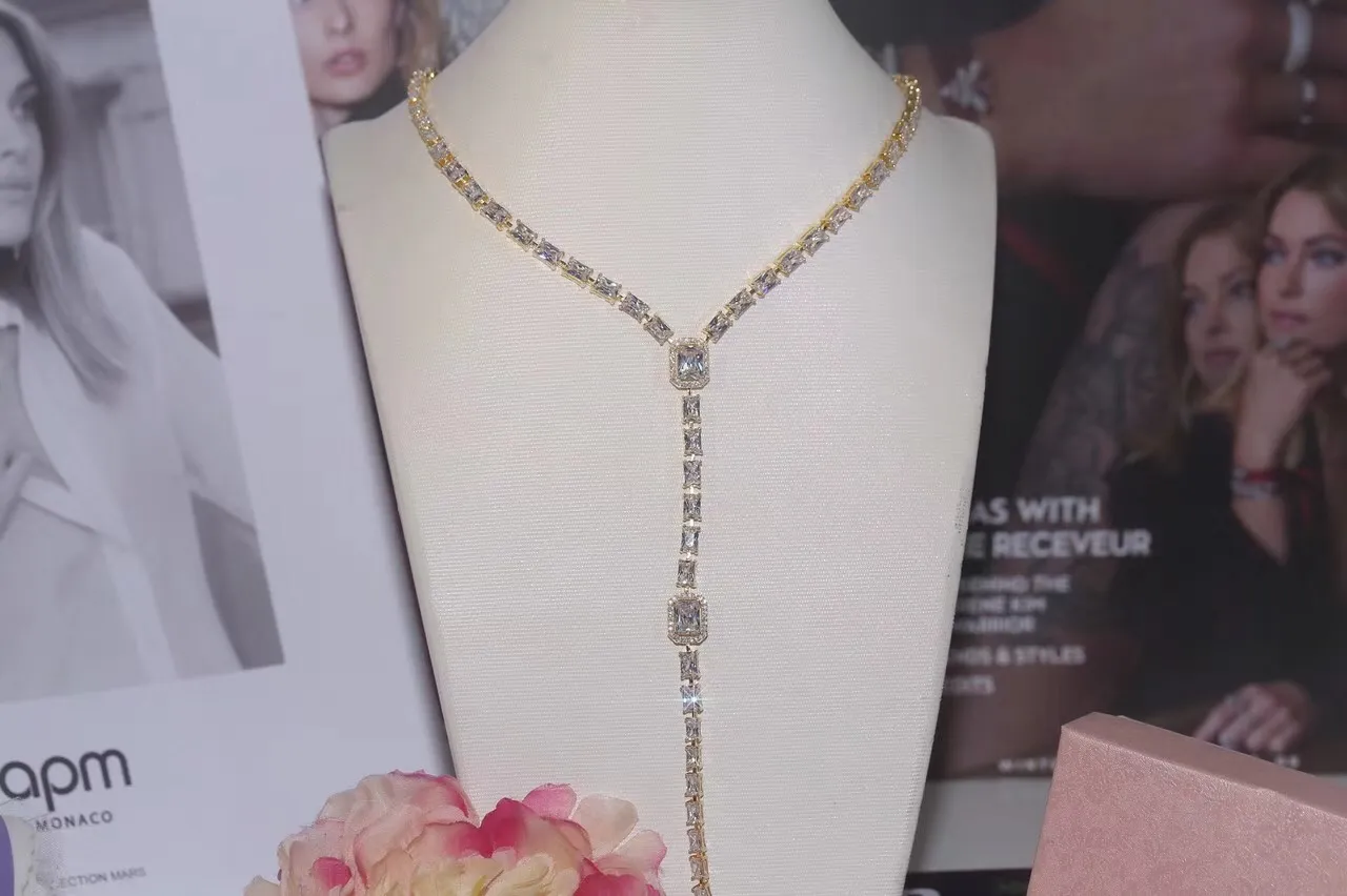 ファッション925スターリングシルバーファッションカラージュエリーシルバーカラー花嫁ラインストーンネクタイアクセサリー結婚式のネックレスジュエリーステートメントN