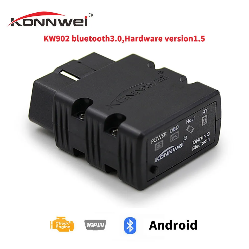Konnwei Mini Aracı Bluetooth V12 / OBD2 KW902 Tarayıcı Adaptörü Android için Araç Teşhis / Symbian OBDII Protokolü