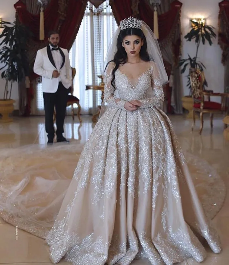 Dubai Arabic Vintage Wedding Dresses 2019 Long Sleeve Luxury Crystals Beaded Bridal Gowns Plus Size Court Train Wedding Dress From 370 29 DHgate