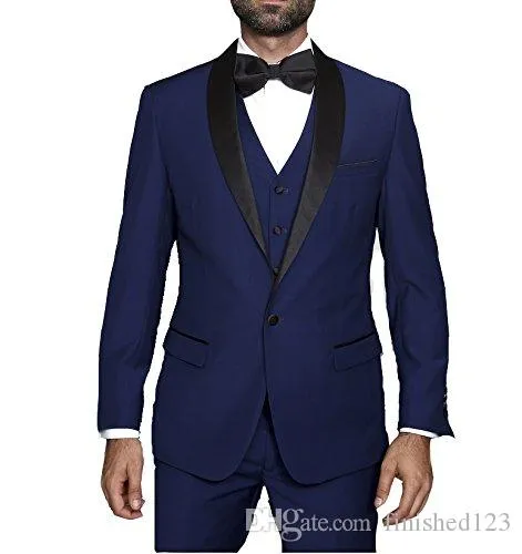 Högkvalitativ en knapp Navy Blue Groom Tuxedos Sjal Lapel Groomsmen Bästa Man Passar Mens Bröllopsdräkter (Jacka + Byxor + Vest + Tie) No: 964
