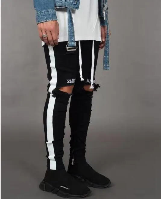 Nouvelle mode hommes Jean rue trous noirs rayures blanches Jean Hiphop Skateboard crayon pantalon