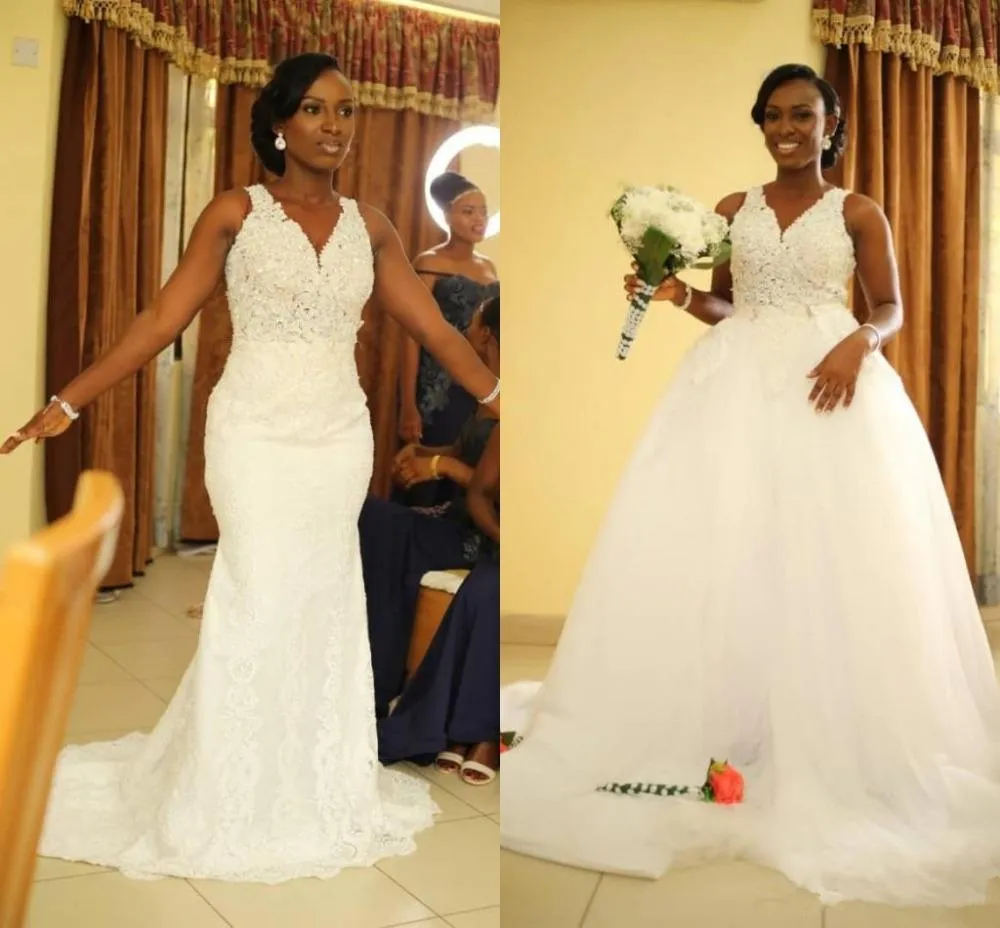 Robes de mariée sirène africaine avec jupe de train détachable 2020 col en V dentelle appliques perlées sur mesure robe de mariée de mariage, plus la taille