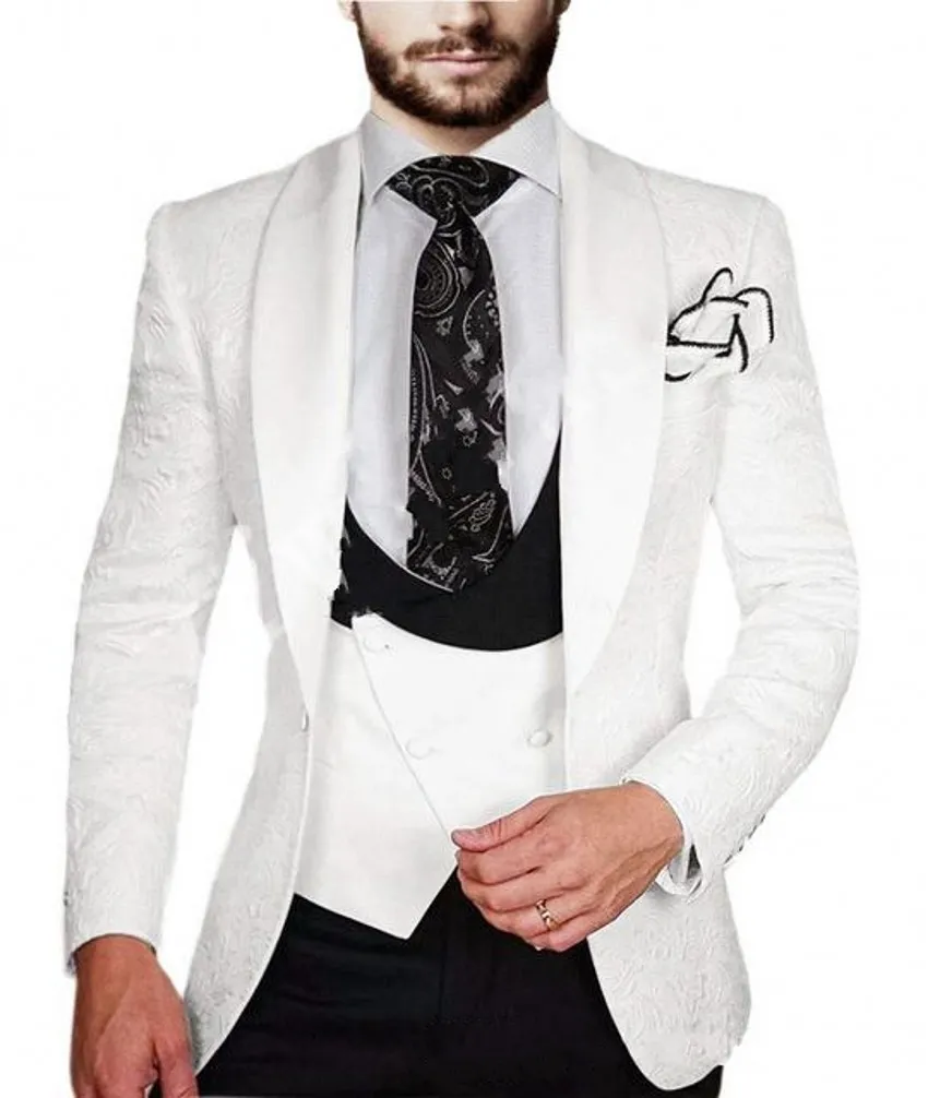 Moda bianco goffratura smoking dello sposo scialle bavero sposo giacca da uomo abiti formali abiti da ballo di fine anno (giacca + pantaloni + cravatta + gilet) 801
