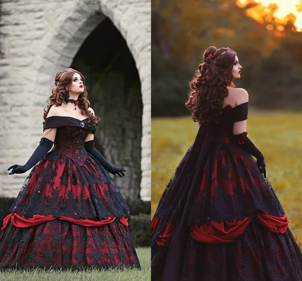 Abiti da sposa in pizzo rosso e nero vintage 2022 gonna a due strati con spalle scoperte strass abito da sposa principessa abiti da sposa