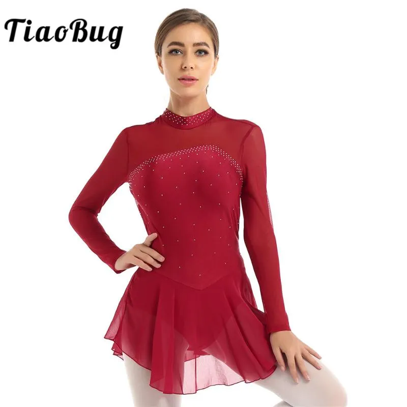 Etapa desgaste mujeres brillante Rhinestone malla manga larga figura patinaje vestido ballet dancewear gimnasia leotardo competencia rendimiento traje