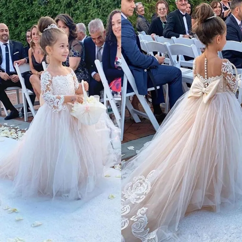 Sheer Jewel Neck Long Sleeves Flower Girls Dresses Cute Tulle Lace Appliques Long Formal Kids Birthday Party Gowns with Bow Sash