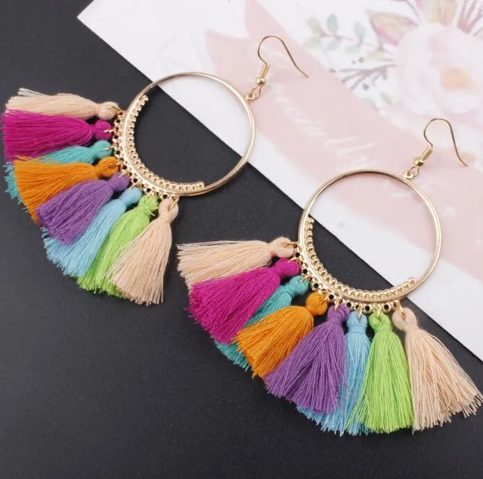 Серьги с кисточками Мода Creative Big Ring Fringe Ear Drop 16 Цветов Модные аксессуары ручной работы Богемный Серьги с кисточкой GB1004