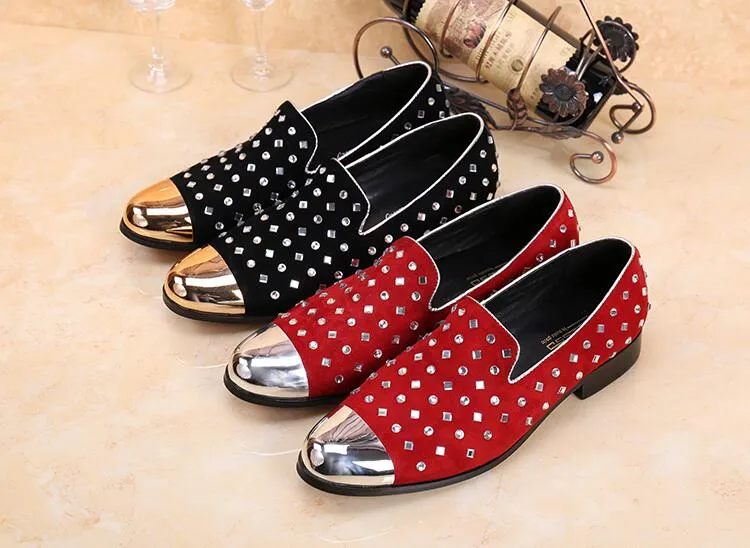 Kwaliteit Red Britse ontwerper Zwart Nieuwe Men High Leather Flats Casual Loafers Rivets Prom Formal Dress Punk Wedding Party Shoes H236 456 884 5