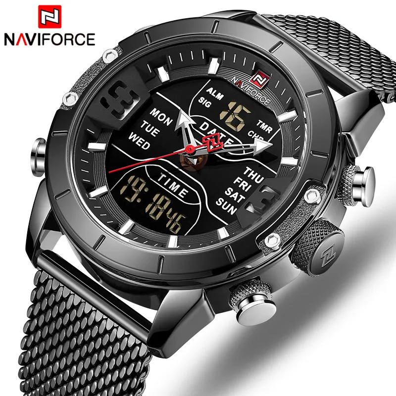 NAVIFORCE marque de luxe hommes mode montre à Quartz décontractée hommes en acier inoxydable étanche Sport montres LED analogique horloge numérique