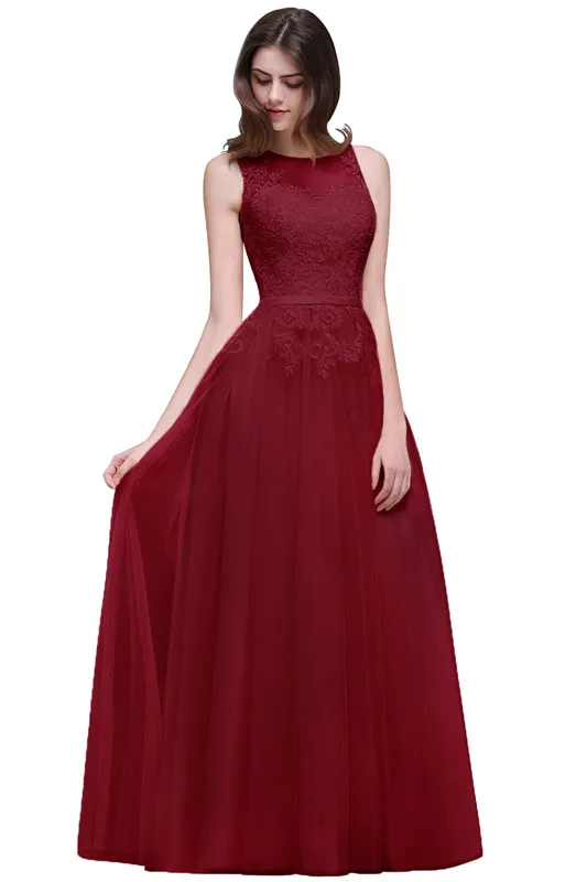 navy blue dress for baby girl 2020 Sheer Neck Vintage Mauve Bridesmaid Dresses with Appliques - A-Line Floor Length Gown for Evening Prom