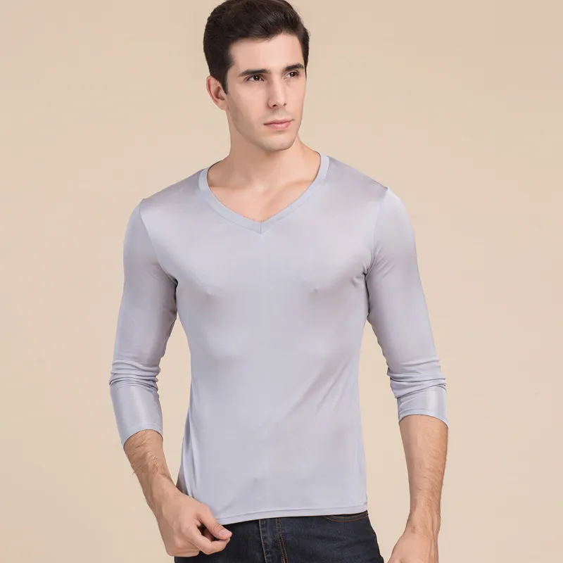 Warm Underwear Top Men's Pure Silk V Neck Long Sleeves Long Johns Top Size L XL XXL XXXL