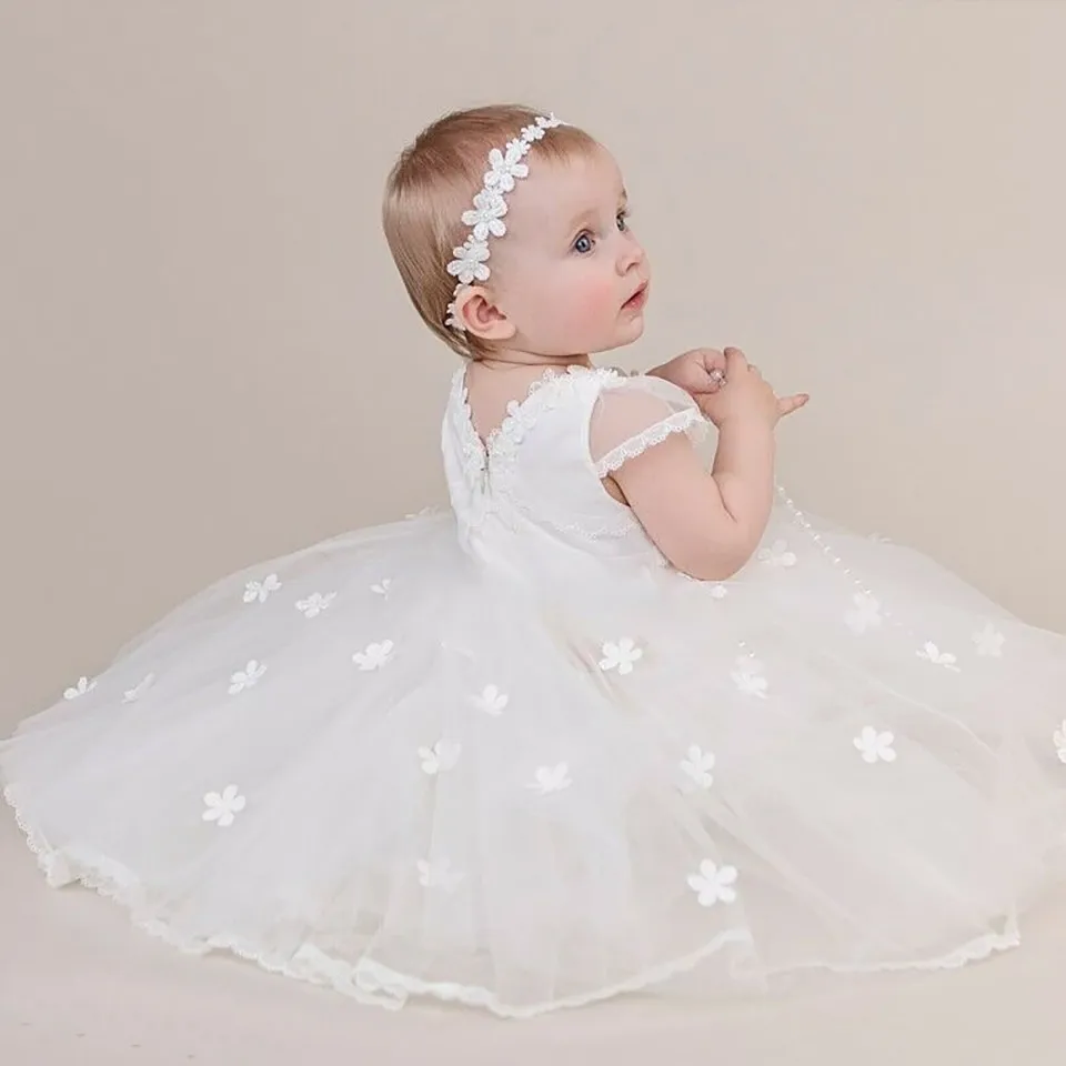 White Lace Christening Dress For Baby Girl First Birthday Outfit Girl Kids Wedding Party Dress Baptism Baby Girl Applique Dress262g