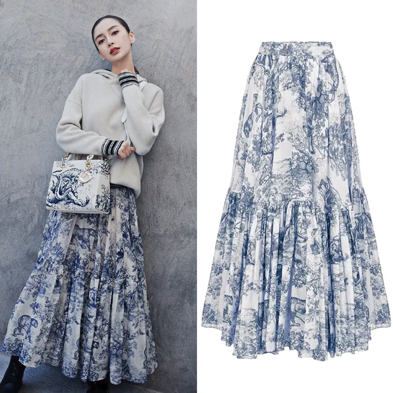 Womens Summer Ink Totem Animal Print Pleated Maxi Skirts