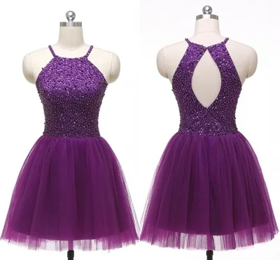 Dark Purple Halter Homecoming Sukienki Tanie 2022 Zroszony Cekiny Crystal Otwórz Back Tulle Draped Krótki bal Sukienka Graduation Dress Suknie Party