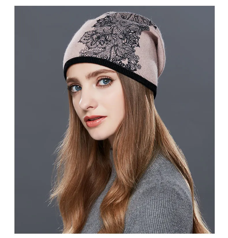 lã chapéu da forma do inverno malha gorros de flores de moda feminina skullies impressão casuais ao ar livre bonés de esqui quentes de espessura chapéus