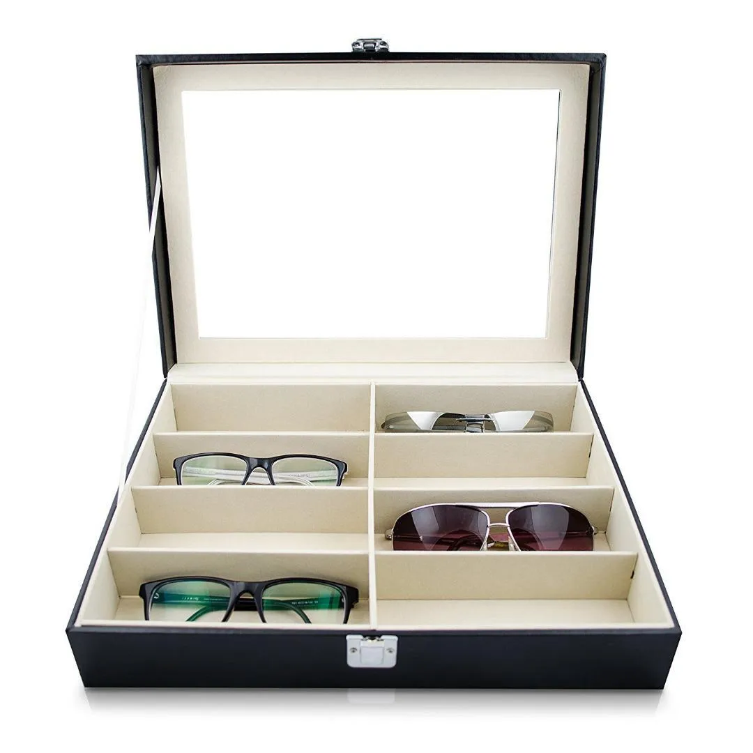 Glasögon Solglasögon Förvaringslåda med fönster Imitation Läderglasögon Display Case Storage Organizer Collector 8 Slot