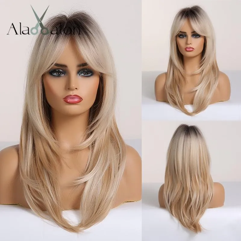 Long Straight Wigs Ombre Black Blonde Ash Wigs with Bangs Heat Resistant Synthetic for Women