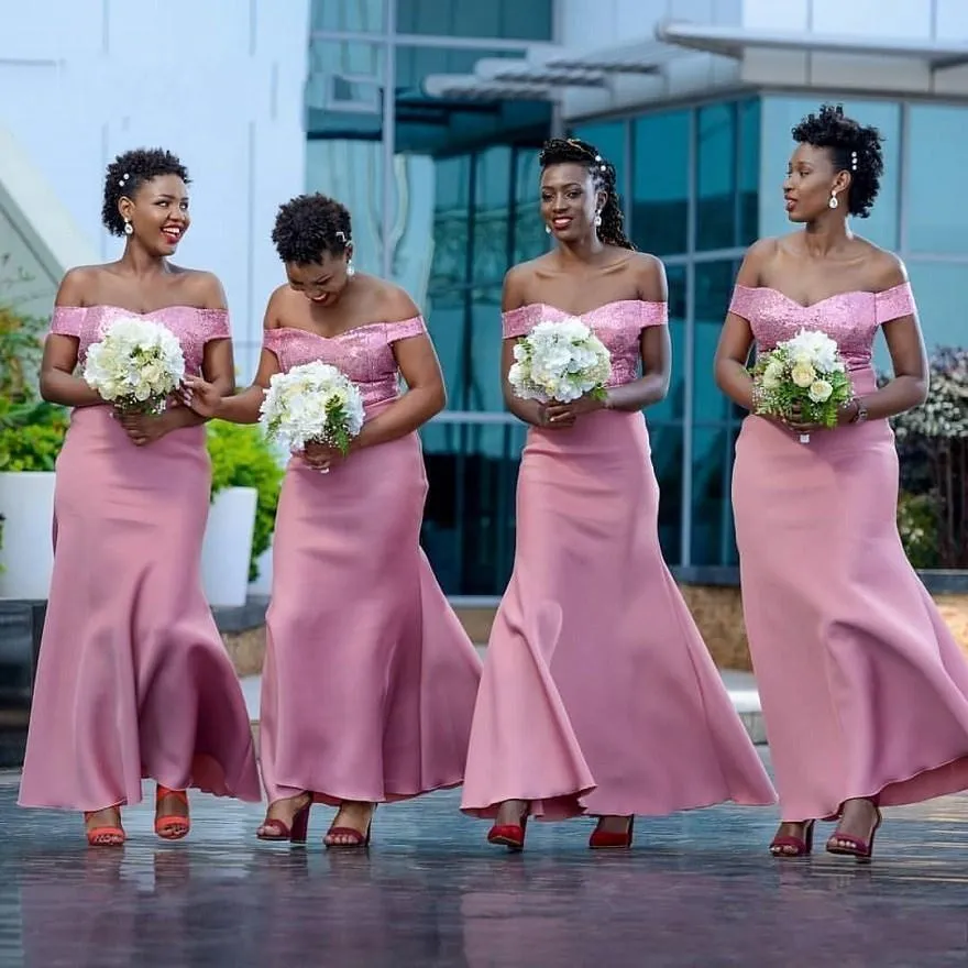 Novas elegantes sereias elásticas de dama de honra se vestem de ombros lantejoulas rosa Top damas de noiva vestidos de convidados de casamento personalizados feitos personalizados