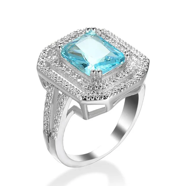 Luckyshine 패션 단순 디자인 거대한 사각형 블루 지르콘 링 여성용 결혼 반지 약혼 반지 무료 Shippings 6 PC