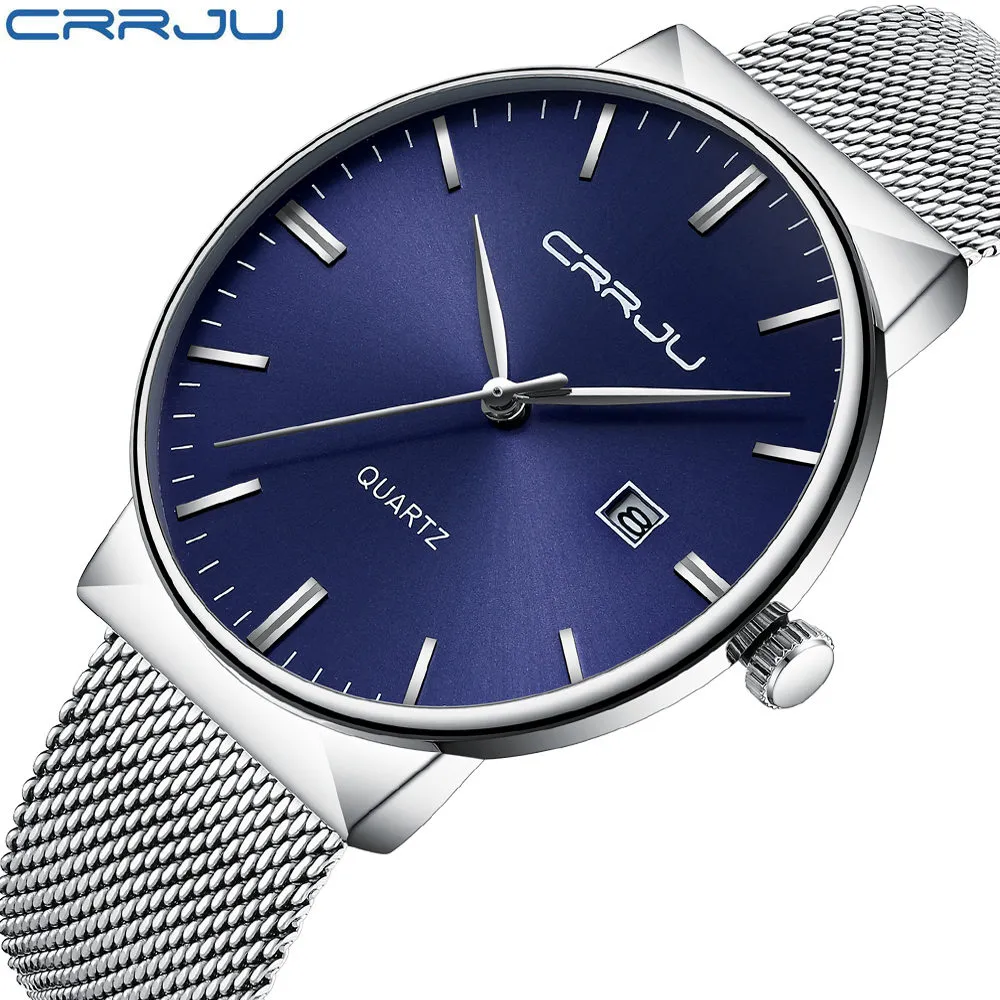 CRRJU Mens Blue Dial Stainless Steel Waterproof Quartz Business