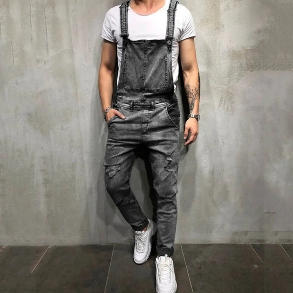 Mode män rippade jeans jumpsuits hi street distressed denim bib overalls för man suspender byxor slim raka täcker