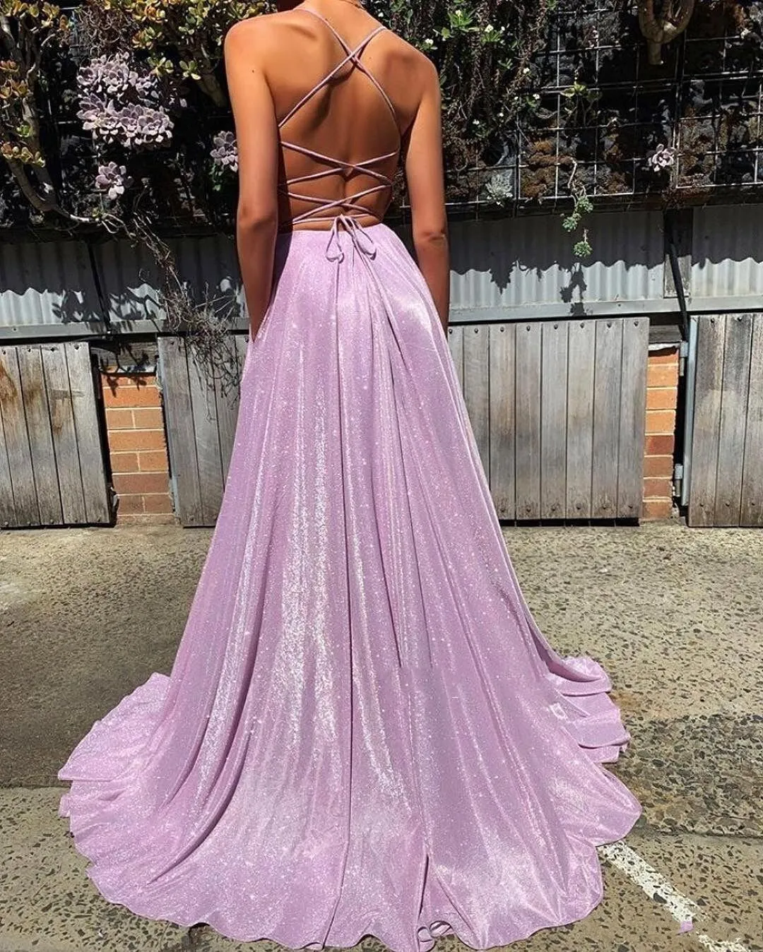 open lace back dress Mauve Purple V Neck Tulle Boho Prom Dresses Long with Lace Gown PL1042   Siaoryne