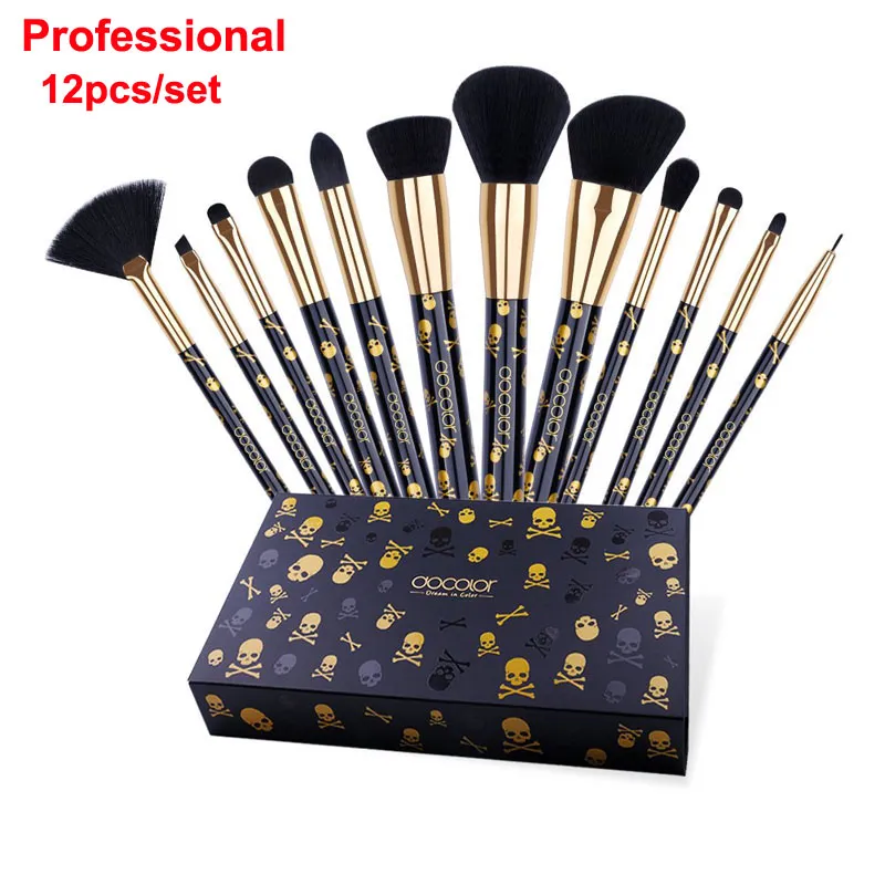 Pinceaux de maquillage Docolor 12 Pcs Crâne Maquillage Pinceau Goth Set Cosmétiques pinceaux Visage Ombre À Paupières Eyeliner Foundation Poudre À Lèvres Mélange Pinceau Kit