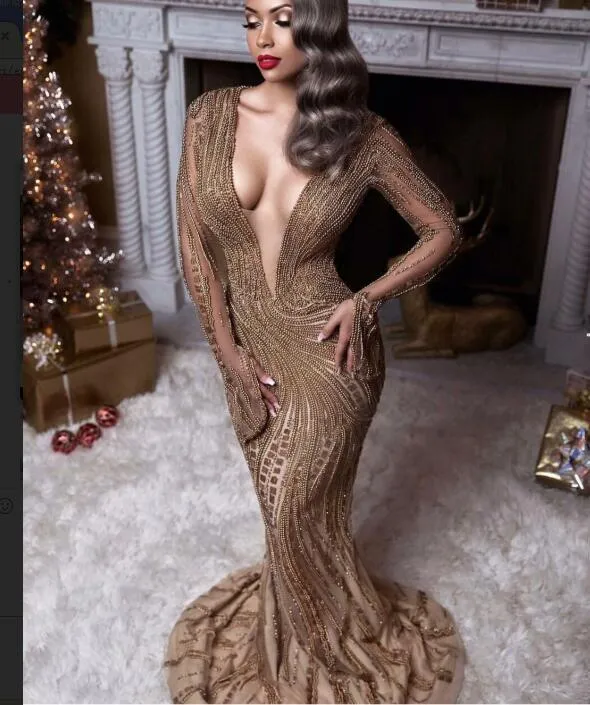 Abito da sera Yousef aljasm Kim kardashian Scollo a V Manica lunga Perle Cristallo dorato Kylie Jenner Zuhair murad Ziadnakad 022