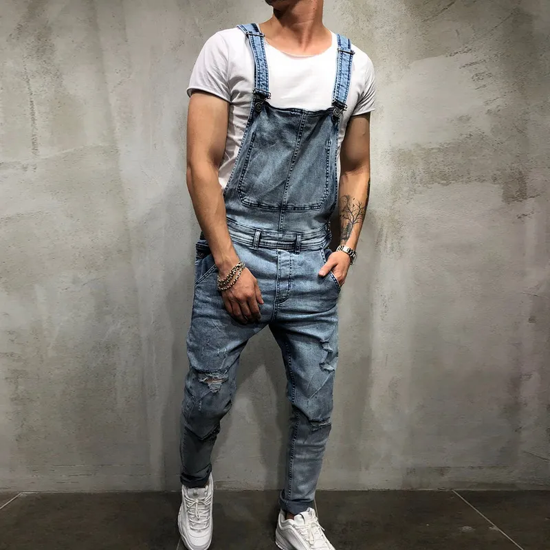 Puimentiua 2019 Masowe męskie dżinsy Jumpsuits Street Street Distress Hole Dżinne dżinsowe kombinezony dla mężczyzn Suspender Pants Rozmiar M-XXL 98KO