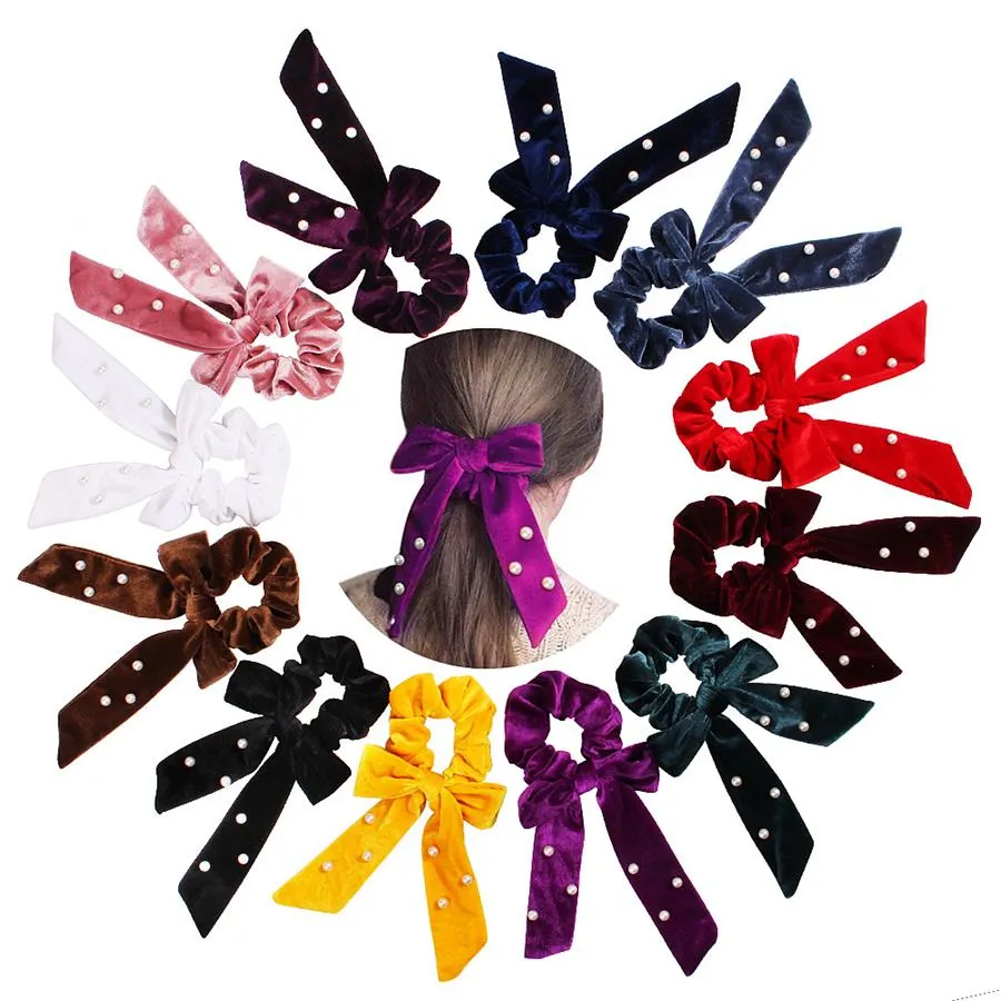 Söt flicka hår rep sammet pärla scrunchies bowknot elastiska hårband för kvinnor båge slipsar hästsvans hållare tillbehör favor rra2788