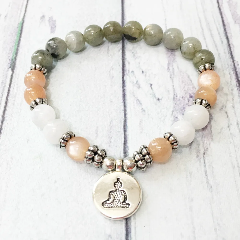 MG0508 Braccialetto di Buddha per donna di moda Braccialetto di guarigione dell'equilibrio di yoga Pietra di luna Pietra di luna Braccialetto di labradorite Regalo di pietre preziose