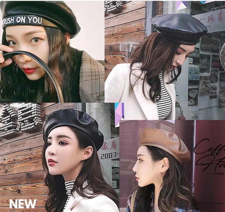 Pu Leather Beret Hat for Women Girls Winter Flat Cap Female  display picture 1