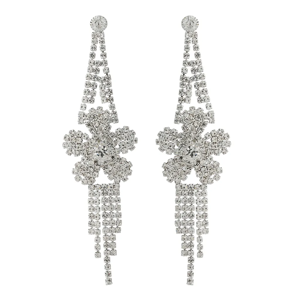 Fashion with Bright Full Rhinestone Tassel Flower-Shaped Drop Dangle Earrings for Women Gift