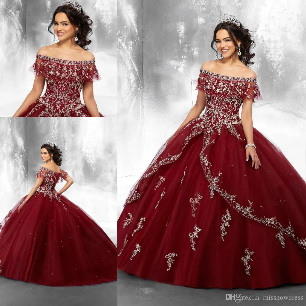 Bourgondië Off Shoulle Tulle Baljurk Quinceanera Jurken Borduurwerk Kant Applique Beaded Sweep Train Party Princess Prom Dresses Vestidos