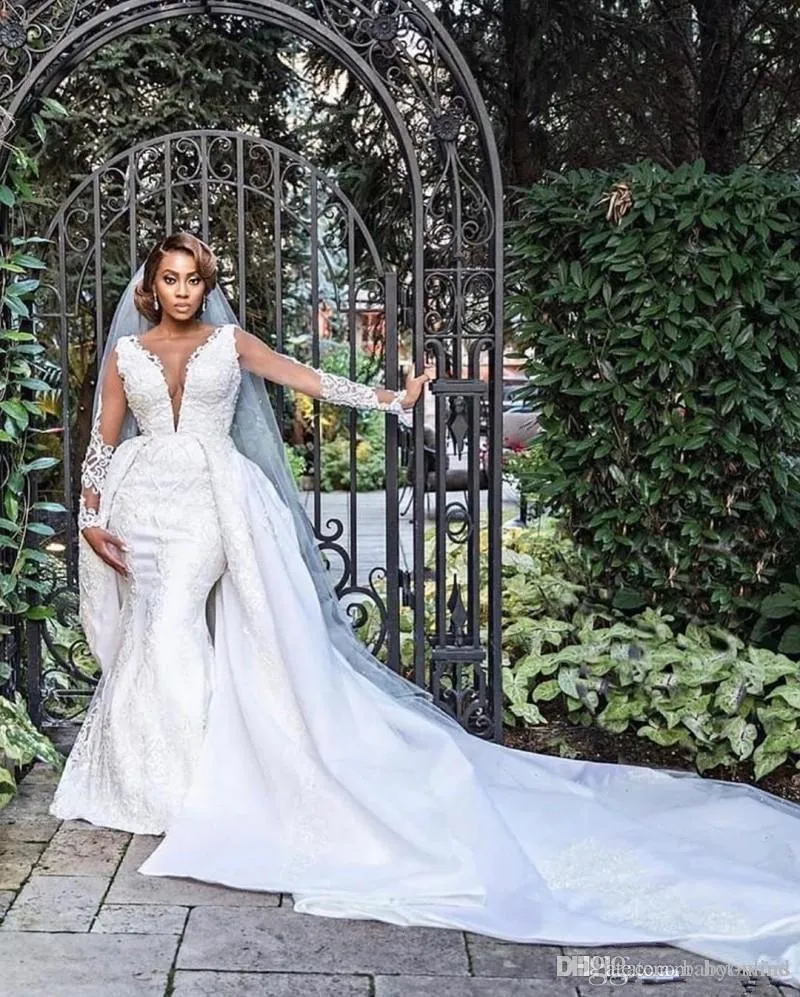 Dubai Arabic African Plus Size Lace Mermaid Bröllopsklänningar med avtagbar Tåg Applique Lång Illusion Sleeve Bröllopsklänning Brudklänningar
