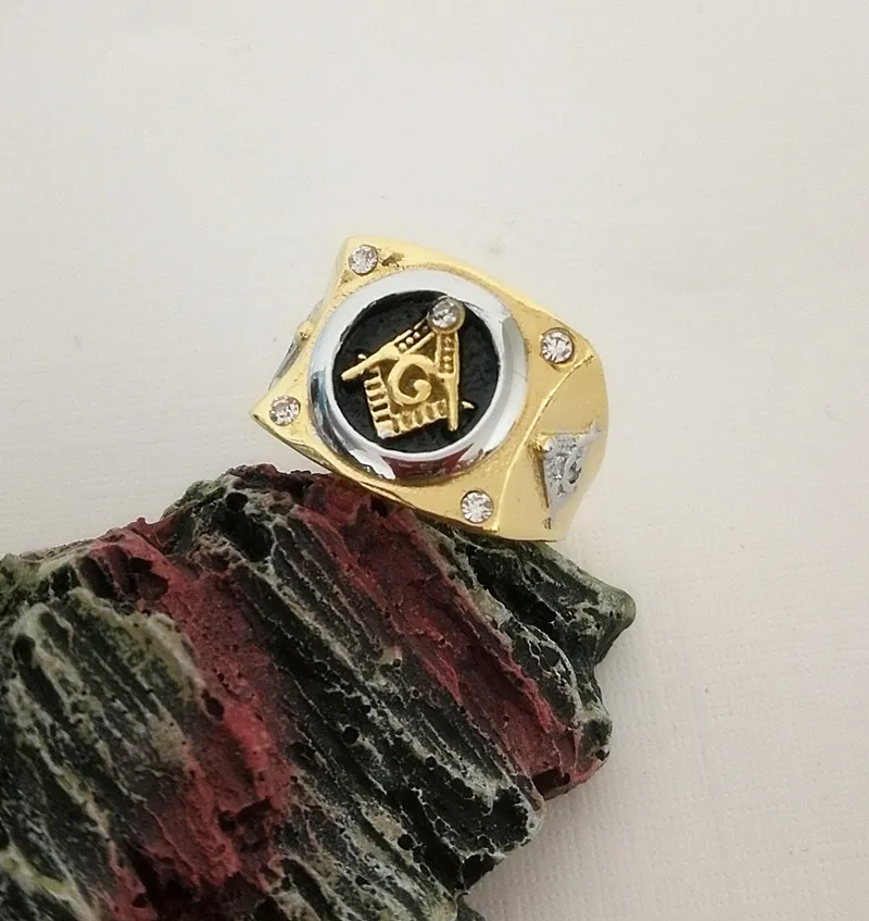 Sales Promotion Gold Men's Stainless steel Freemason rings Masonic regalia signet Black Enamel Fraternity wedding band ring