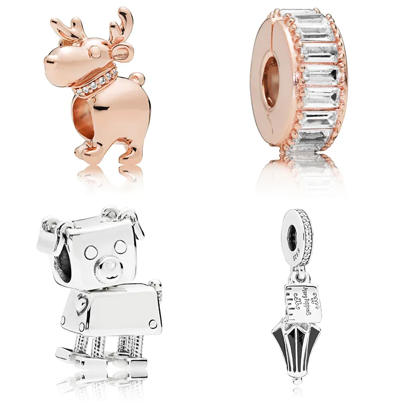 Novo 100% 925 Sterling Silver Pandora Feliz Rena Bobby Bot Charme Branco Esmalte Enamel Formação Clipe Rose Gold Clear CZ Guarda-chuva Dangle