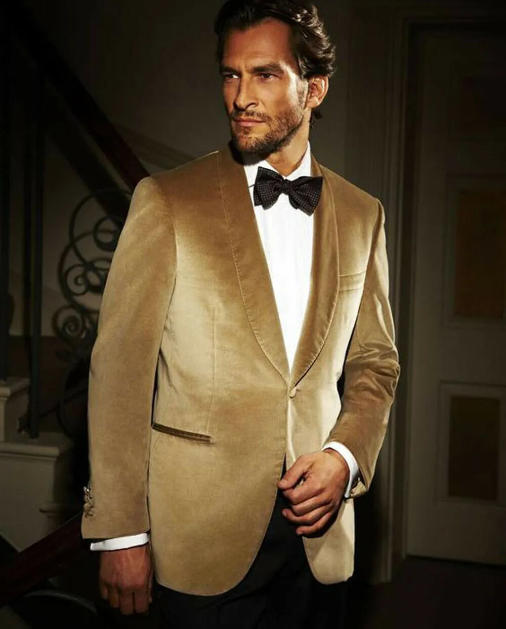 Custom Made Gold Velvet Slim Fit Tuxedo Gold Suit With Shawl Lapel For