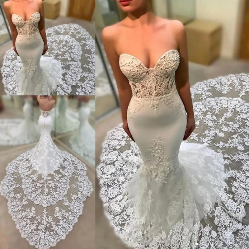 Sexy Mermaid Wedding Dresses Lace Sweetheart Backless Bridal Gowns See Through Lace Long Train Spring Summer Wedding Dress Custom Made