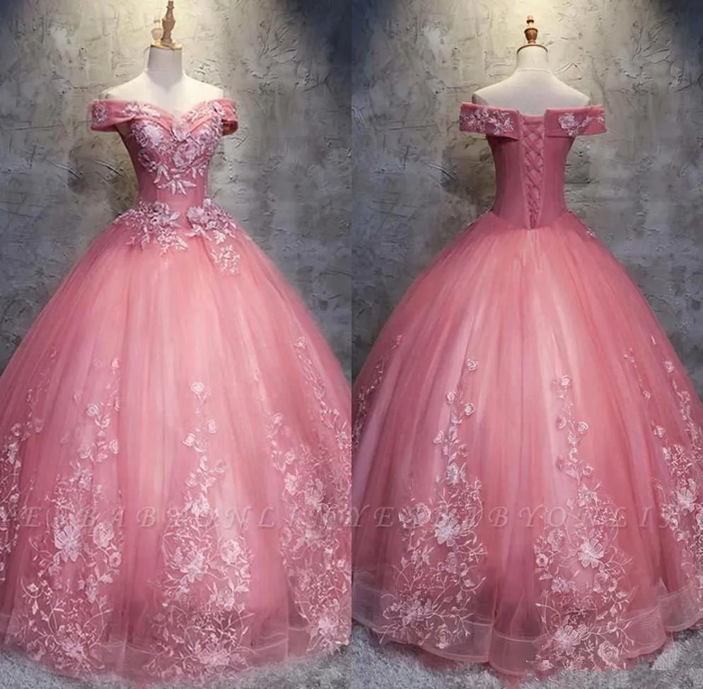 2019 Elegante abito da ballo rosa Abiti Quinceanera con perline Sweet 16 anni Abito da sera con lacci da ballo Prom Vestidos De 15 Anos QC1393