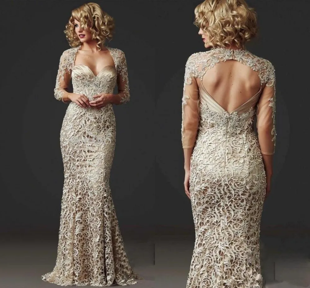 2019 Lace Mermaid Formal Evening Party Gown 3/4 Långärmad Beställd Pärlor Ladies Golvlängd Champagne Mor av brudklänningen