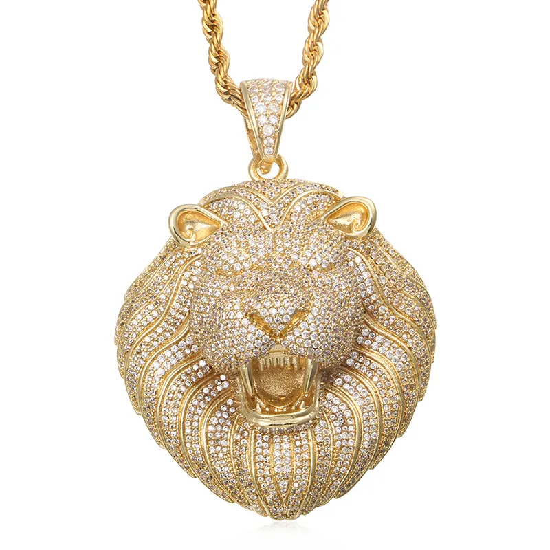 Hot Hip Hop Bling Halsband Smycken Män Gul Guldpläterad Iced Out CZ Lion Hängsmycke Halsband för män CZ Diomand Halsband Smycken