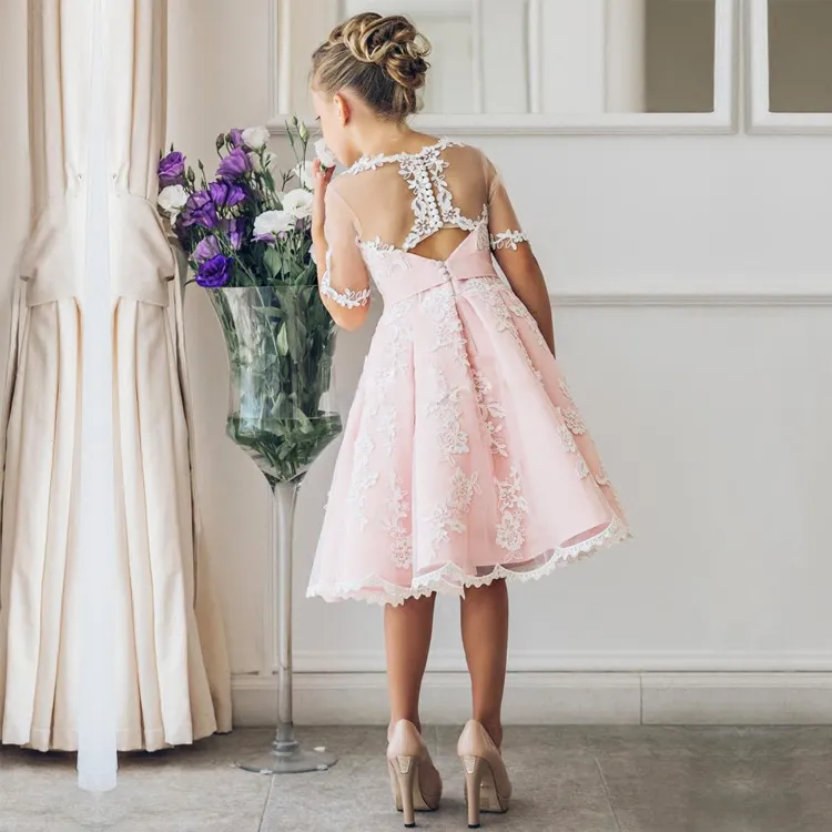 2019 Fancy Blush Pink Flower Girls Vestidos Con Apliques Medias Mangas Hasta La Rodilla Vestido De Desfile Para Ninas Lazos De Cinta Para Boda Du 59 85 DHgate