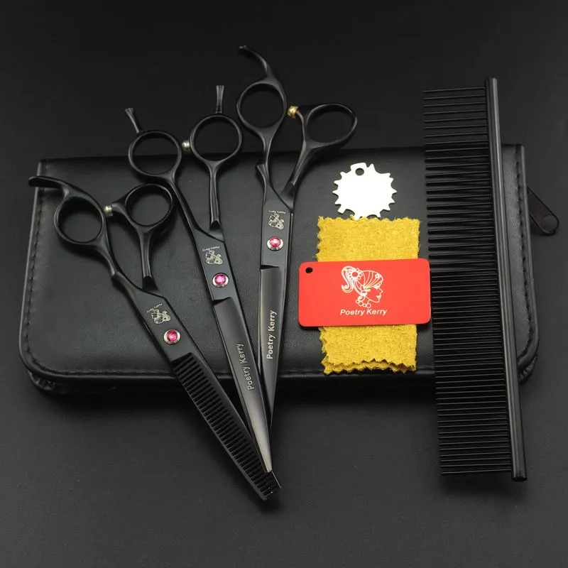 poetry kerry 7.0 inch black Baking varnish 62HRC hardness 6CR stainless steel 3 hair scissors kit with comb