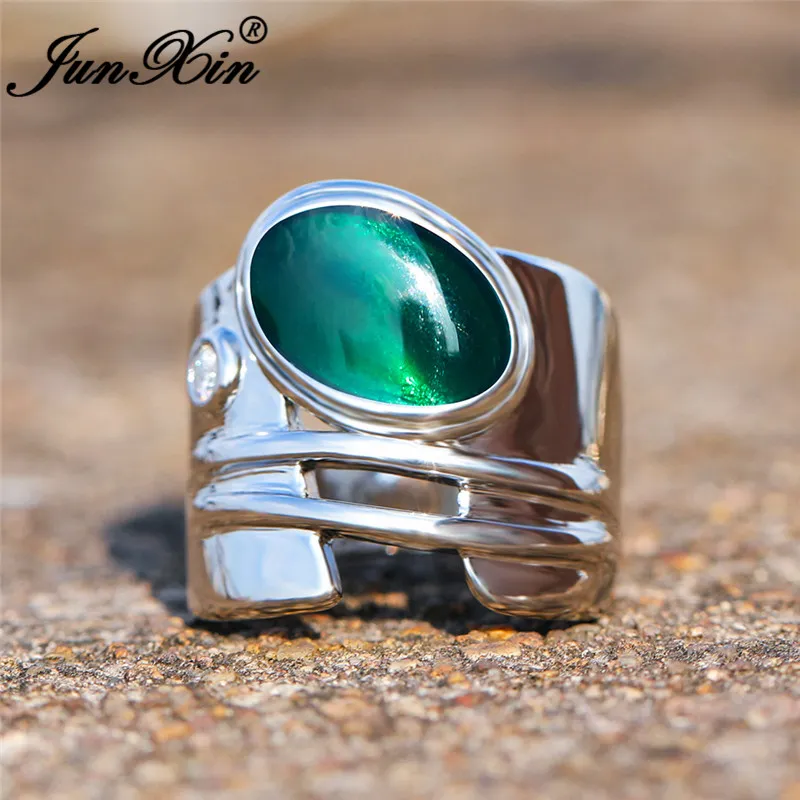 Unieke geometrische blauwe groene steen ringen voor mannen vrouwen ovale grote bruiloft bands mannelijke verlovingsring zilveren vintage partij sieraden