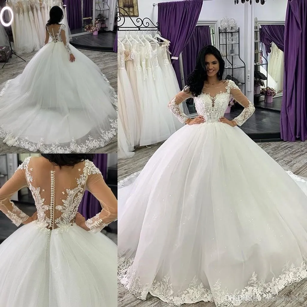 Prachtige Aso Ebi Dubai Lange mouwen Grote maten baljurk Trouwjurken Doorschijnende ronde hals Kanten appliqués Kralen Vestios De Novia Bruidsjurken Tweede ontvangstjurk