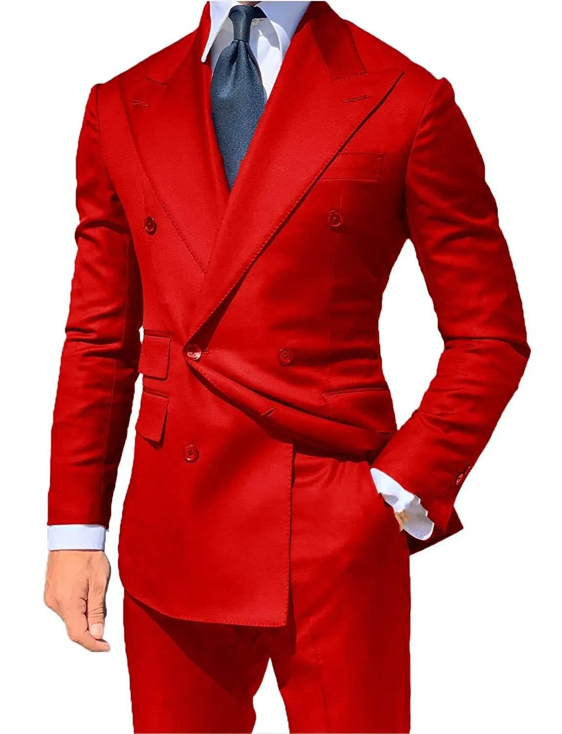 Brand New Red Groom Tuxedos Double-breaded Men Bröllop Tuxedo Fashion Men Jacka Blazer Men Prom Middag / Darty Suit (Jacka + Byxor + Tie) 22