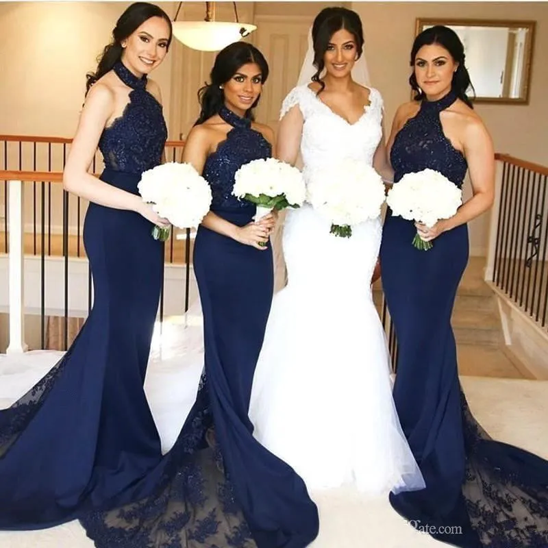 Meninas negras azul marinho sereia vestidos de baile longos elegantes vestidos formais de renda alta pescoço festa vestidos de baile sem encosto 2020